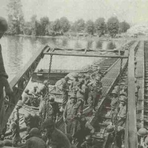 US engineers constructing a bridges across river Seine.