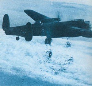 Lancaster bomber in action: incendiaries cascade