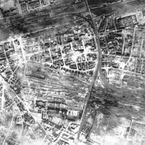 aftermath picture from a Lancaster raid on Frankfurt (railway aerial)
