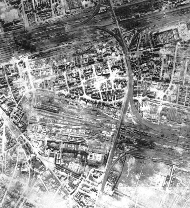 aftermath picture from a Lancaster raid on Frankfurt (railway aerial)