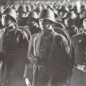 Polish soldiers at a pre-war torchlit review.