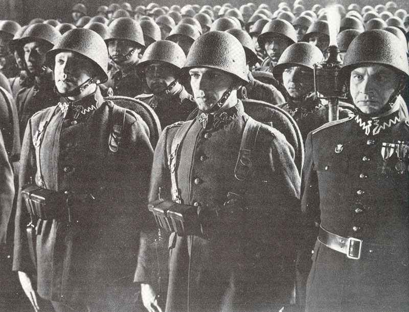 Polish soldiers at a pre-war torchlit review.