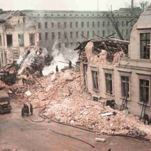 Around the Reich Chancellery in Berlin after an air raid.