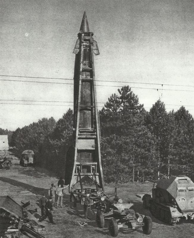 V-2 is erected with its transport skeleton