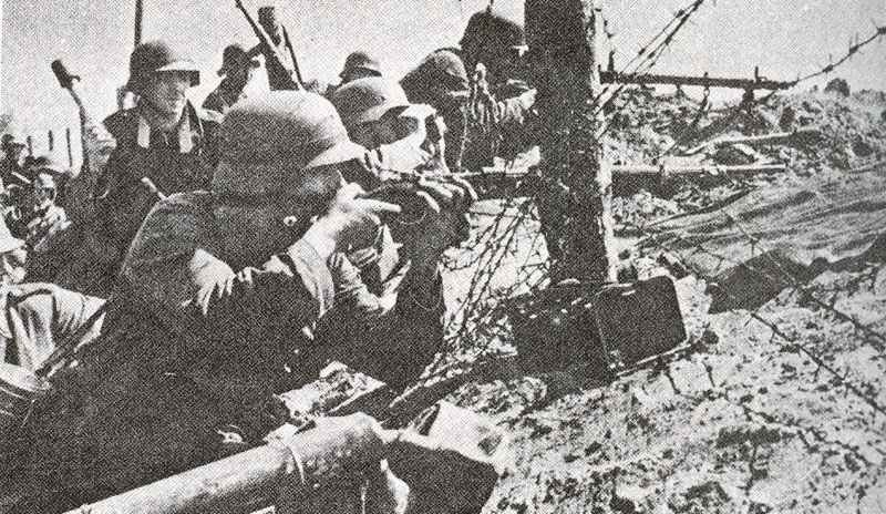 German infantry, armed with 98K rifles as well as grenade throwers