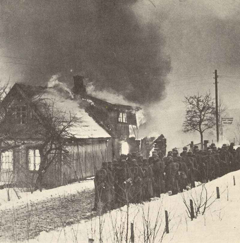 German troops in a burning village in Norway.