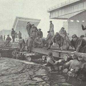 Russian pioneers build a pontoon bridge