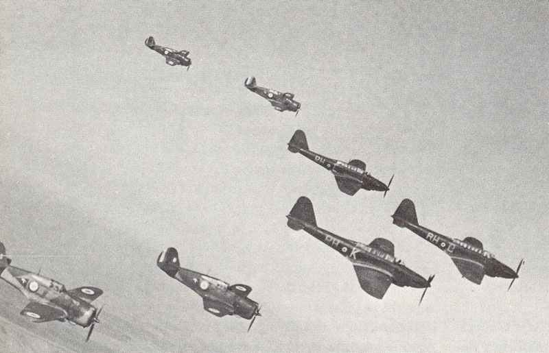RAF Fairey Battle bombers escorted by French Curtiss Hawk fighters