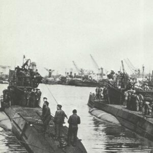 A German U-boat in a French Atlantic port.