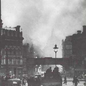 Burning buildings after a Blitz air raid