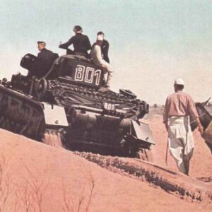 Panzer IV of the Afrika Korps is climbing a sand dune