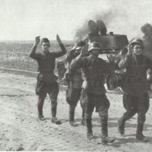 crew of a knocked-out Russian T-34 tank surrenders