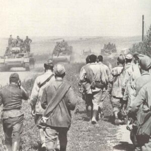 Russian prisoners walking backwards, German tanks advancing forward.