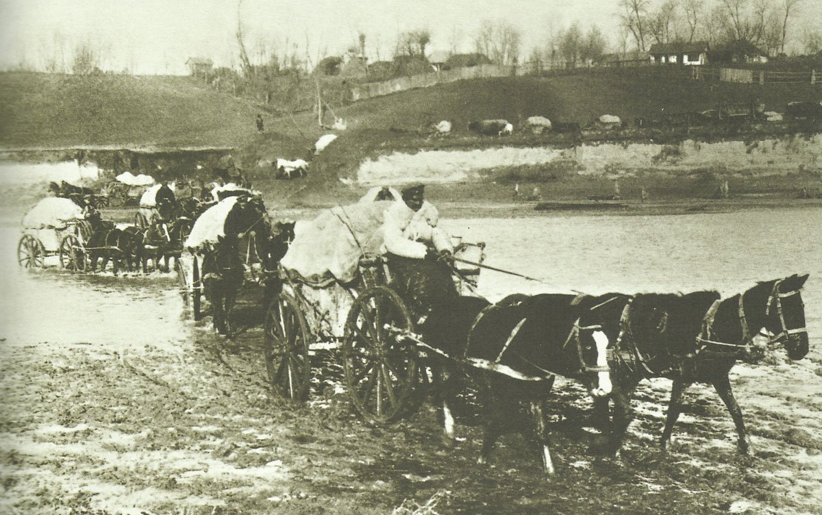 German supply column crosses a ford in Romania