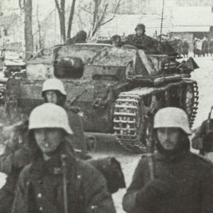 German armored vehicles and infantrymen on the march