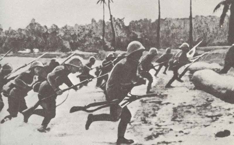 Japanese troops storming a beach