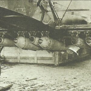 Bombs in position under the fuselage and wing of a Gotha bomber