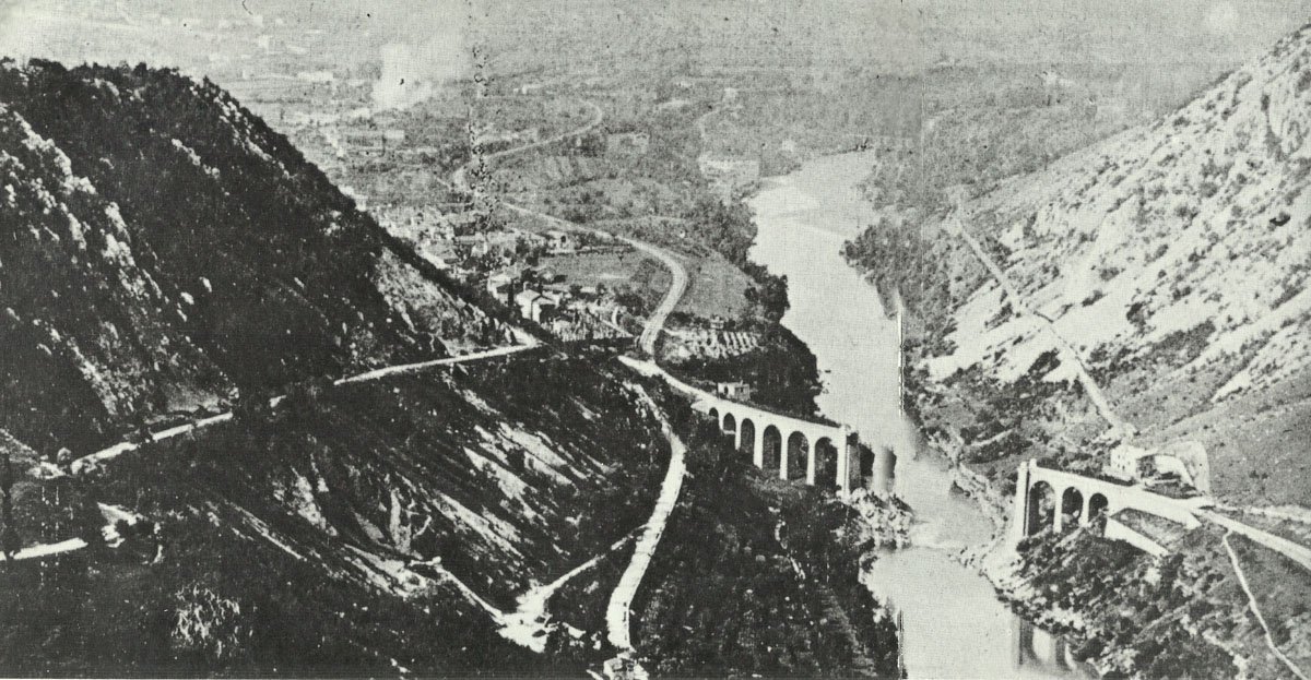 Blown-up bridges, such as the railway viaduct of Salcano near Gorizia