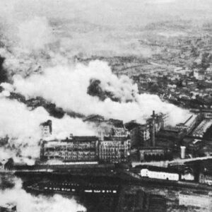 burning Philips radio works at Eindhoven after raid