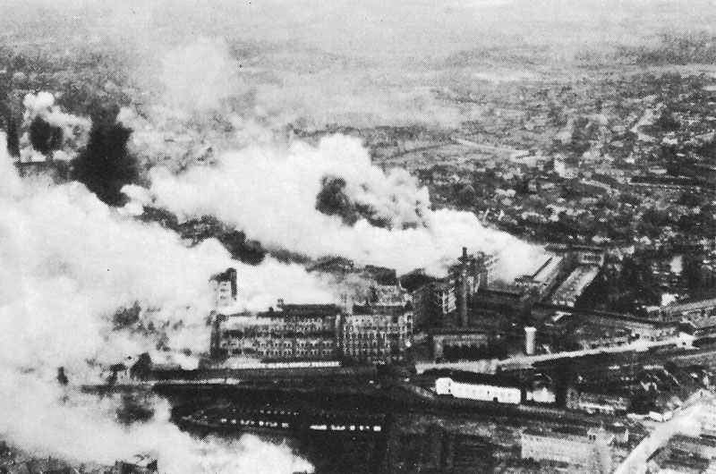 burning Philips radio works at Eindhoven after raid