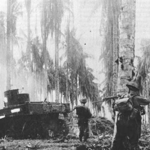 Australian infantry with support of Stuart tank