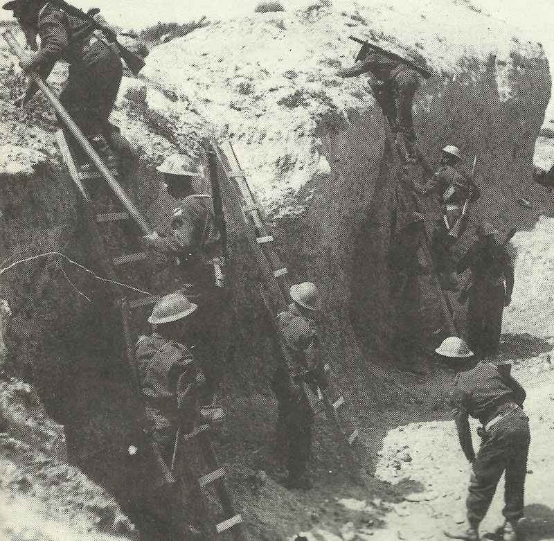 British troops using ladders to climb the sides of Wadi Zigzaou