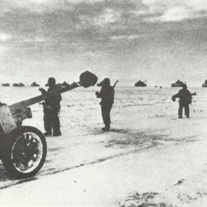 German column of anti-tank guns, infantry and tanks