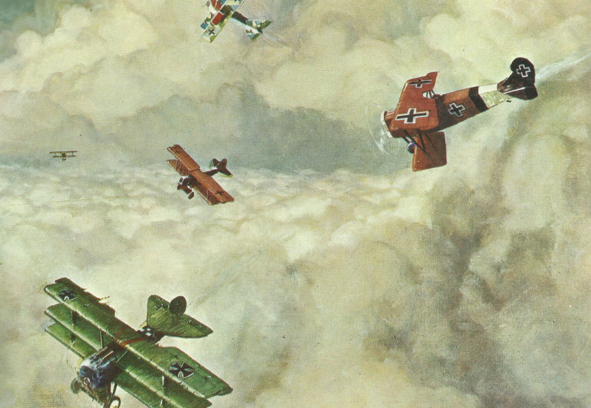 Attack of German Fokker Dr. triplanes and Fokker DVII fighters