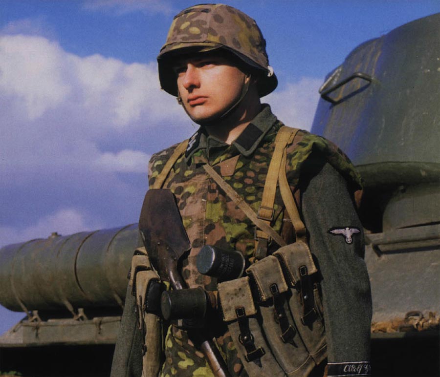 Soldier of LSAAH in front of a knocked-out T-34