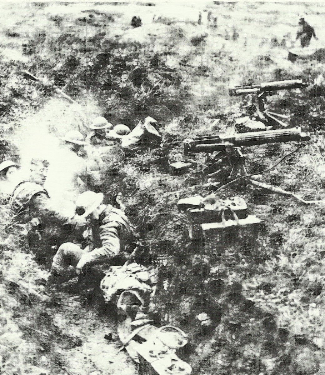 Vickers MG gunners have settled in a discontinued position