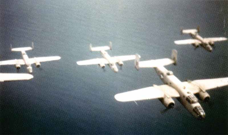 B-25 Mitchell medium bombers approaching over the Mediterranean
