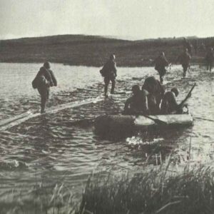 Russian troops crossing the river Dnieper on a simple footbridge