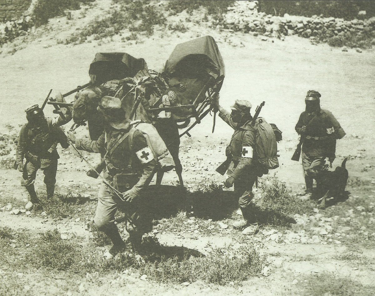 wounded Allied soldiers are evacuated on horse-carts