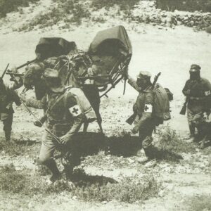 wounded Allied soldiers are evacuated on horse-carts