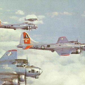 P-51B Mustang escort fighter next to a formation of B-17G