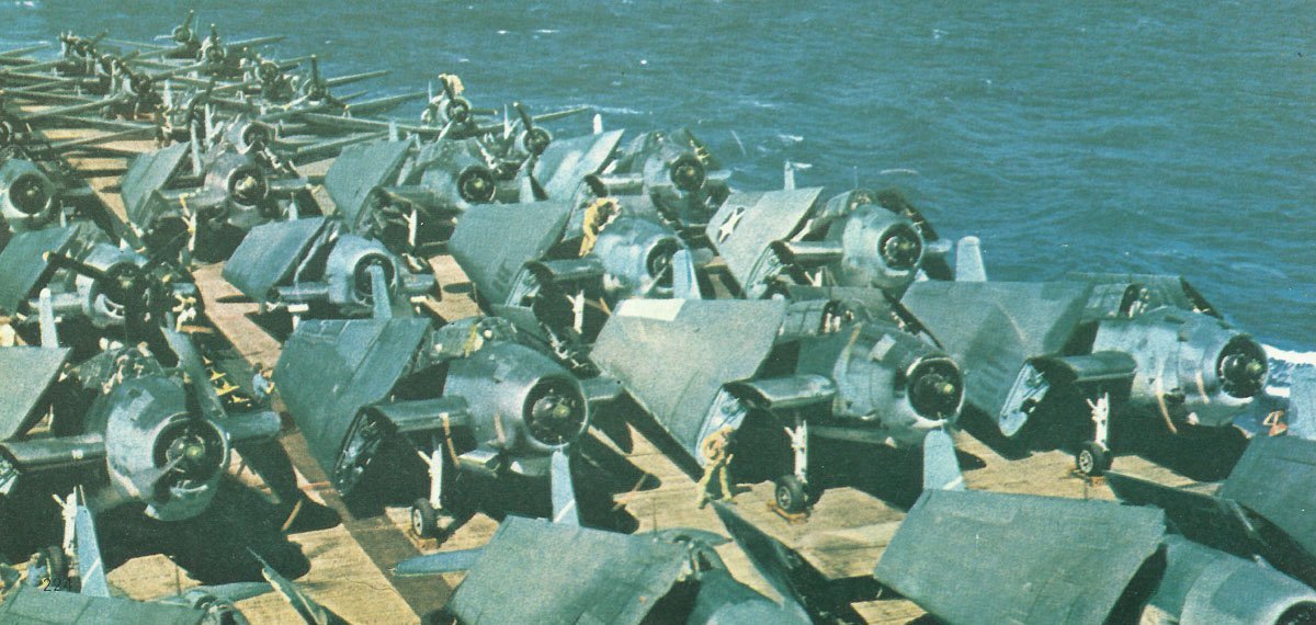 Crowded flight deck of a US carrier in late 1943