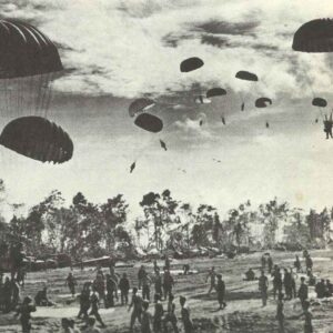 US paratroopers landing on Noemfoor Island.