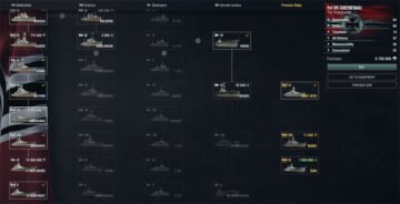 The German research tree in WoWs, with Gneisenau in rank (Tier) VII among the battleships, as well as the premium ship Scharnhorst which is not shown.